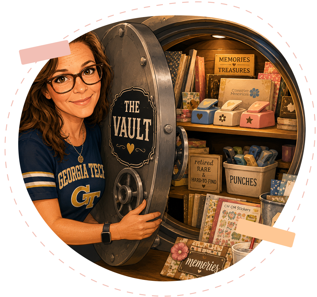 Woman wearing glasses and a watch, standing in front of a vault filled with books, boxes, and other items