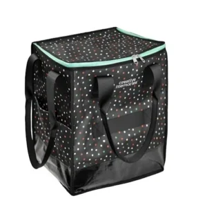 Black and white polka dot tote bag with two handles and a zip closure