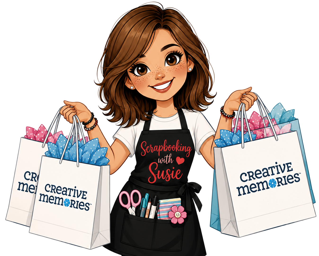 Animated woman wearing a black apron and holding two shopping bags with the words "Creative Memories" printed on them