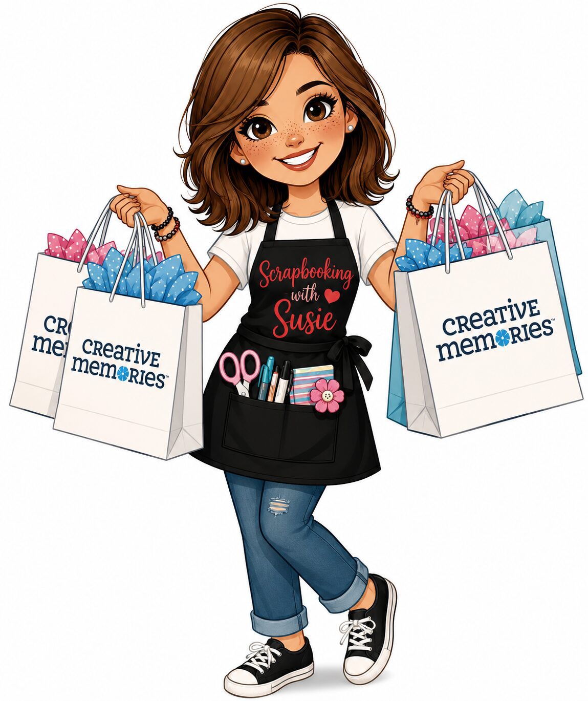 Animated woman wearing a black apron and holding two shopping bags with the words "Creative Memories" printed on them