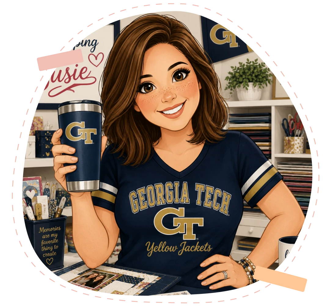 Woman in a Georgia Tech Yellow Jackets t-shirt holding a cup of coffee, surrounded by a cupboard filled with books